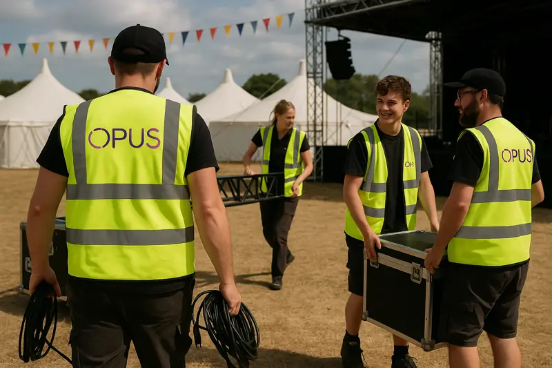 Opus AV crew in hi-vis carrying flight cases at load-in